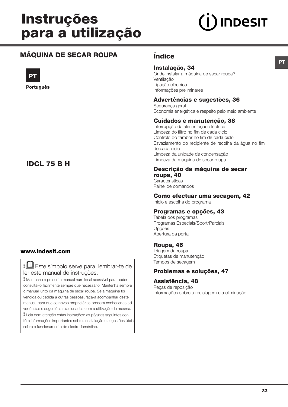 Instruções para a utilização, Máquina de secar roupa, Idcl 75 b h | Índice | Indesit IDCL-75-B-H-(EU) User Manual | Page 33 / 64