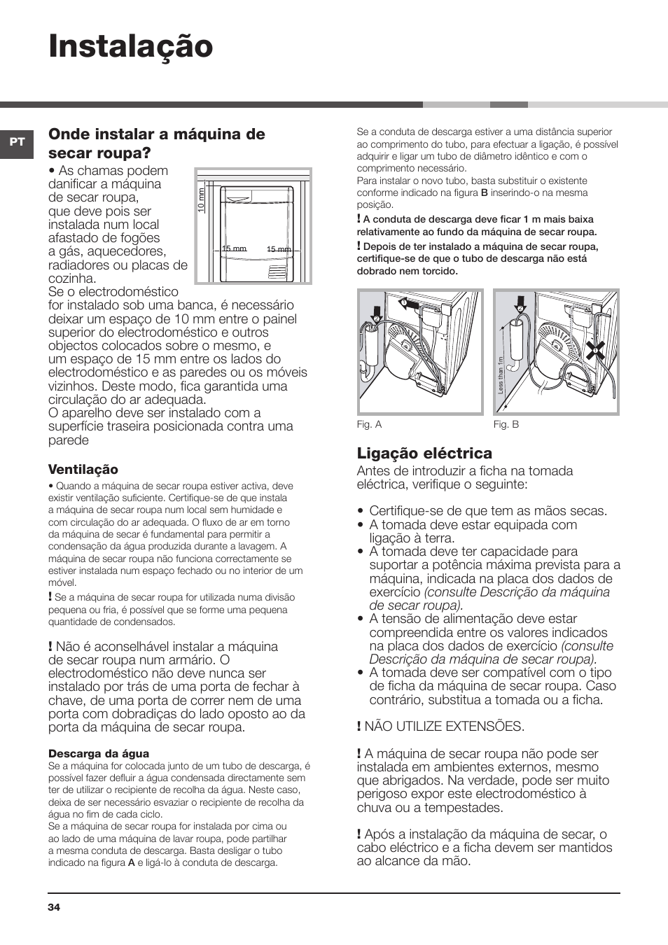 Instalação, Onde instalar a máquina de secar roupa, Ligação eléctrica | Indesit IDCL-75-B-H-(EU) User Manual | Page 34 / 64
