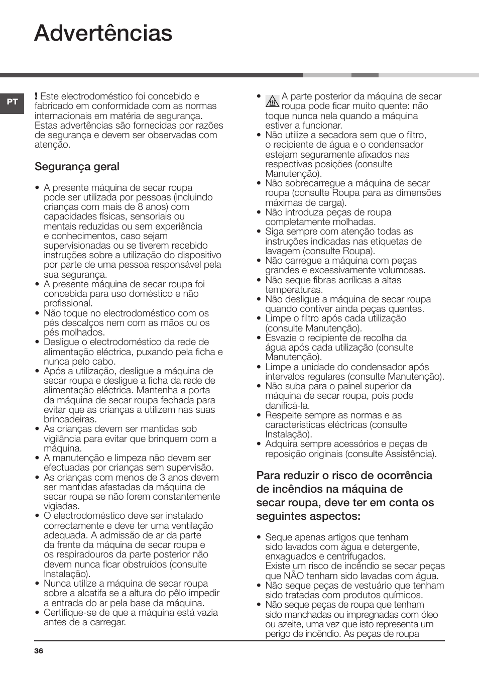 Advertências | Indesit IDCL-75-B-H-(EU) User Manual | Page 36 / 64