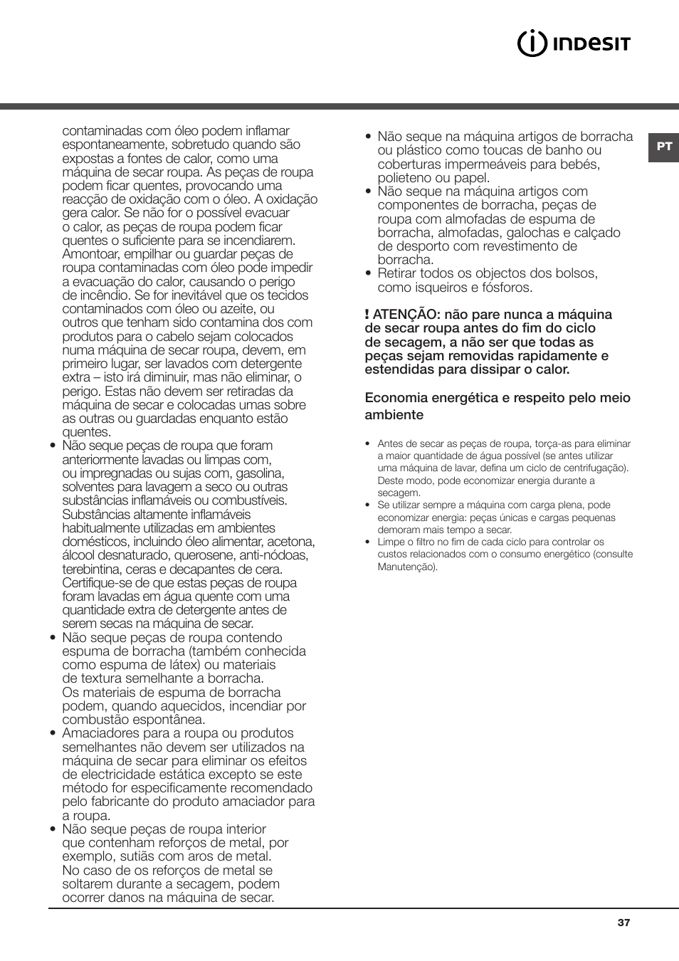 Advertências | Indesit IDCL-75-B-H-(EU) User Manual | Page 37 / 64