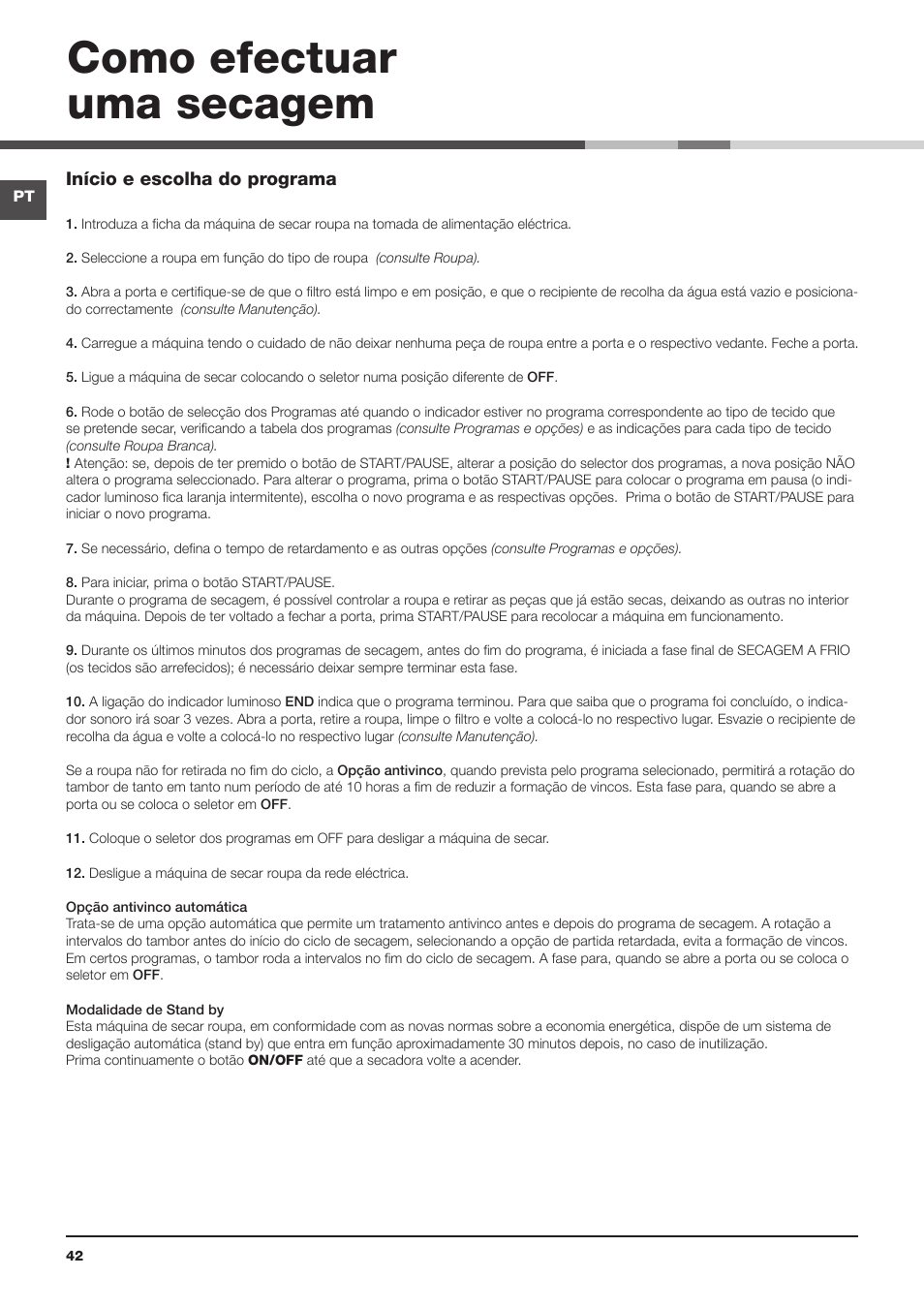 Como efectuar uma secagem | Indesit IDCL-75-B-H-(EU) User Manual | Page 42 / 64