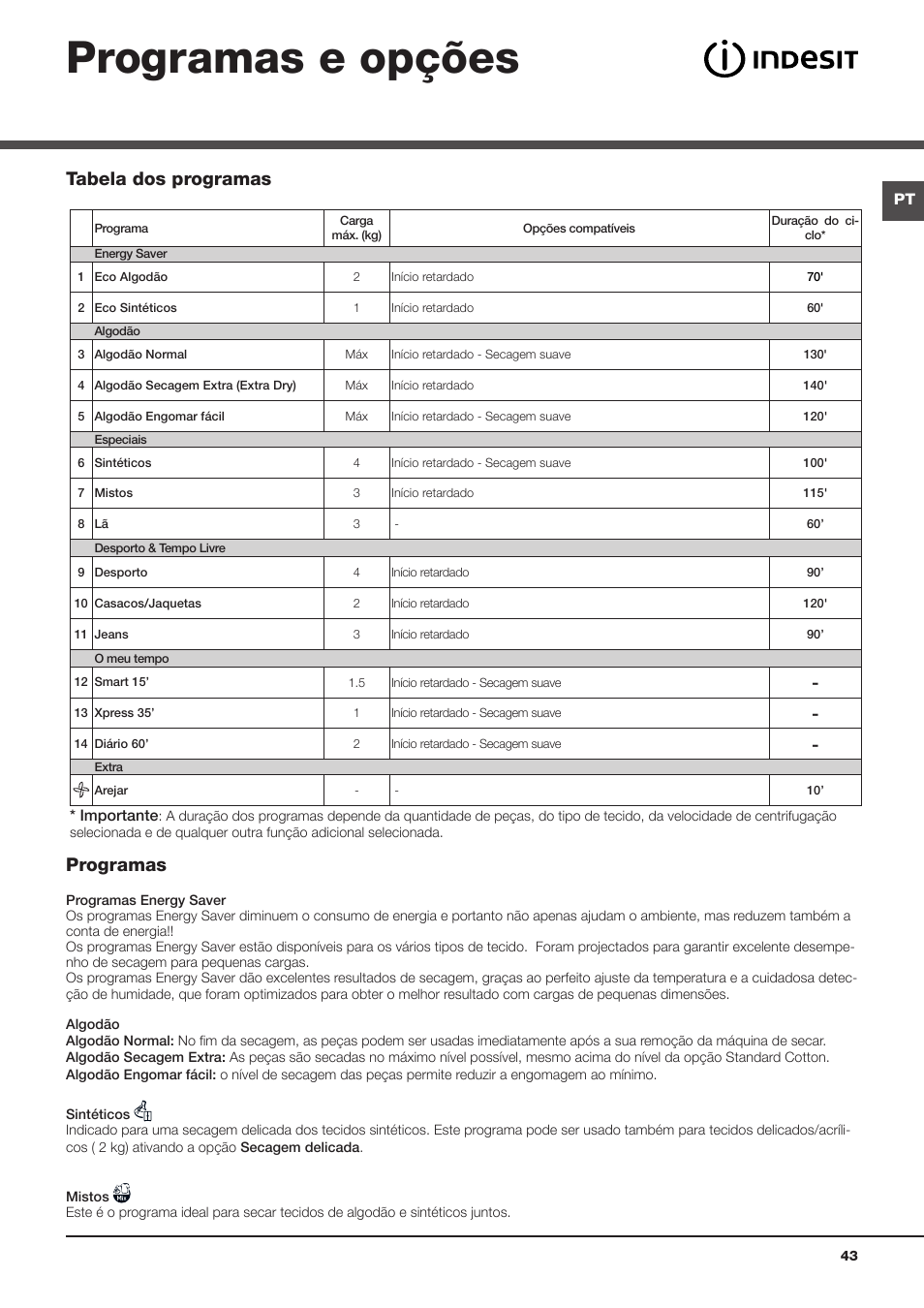 Programas e opções, Programas, Tabela dos programas | Indesit IDCL-75-B-H-(EU) User Manual | Page 43 / 64