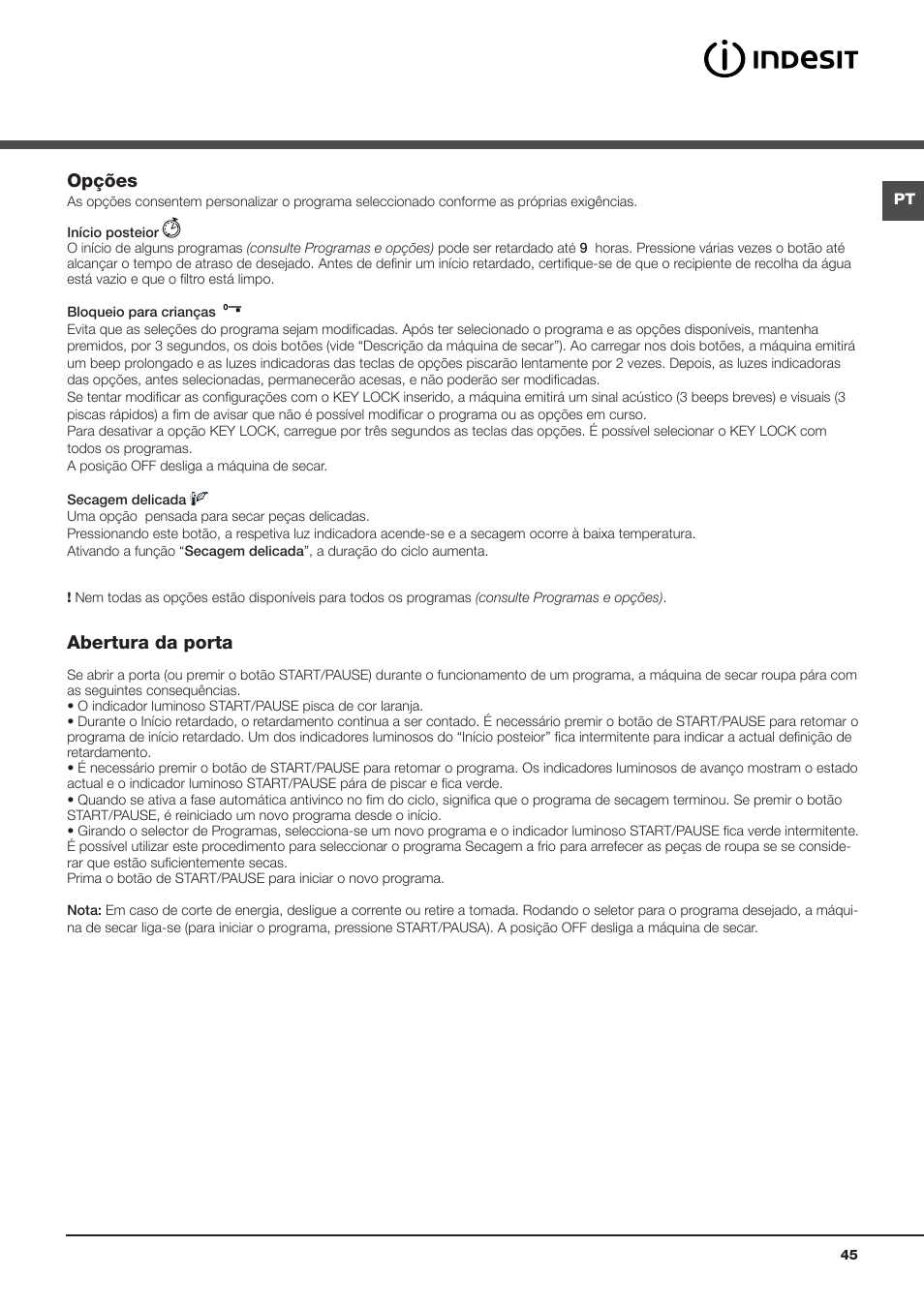 Opções, Abertura da porta | Indesit IDCL-75-B-H-(EU) User Manual | Page 45 / 64