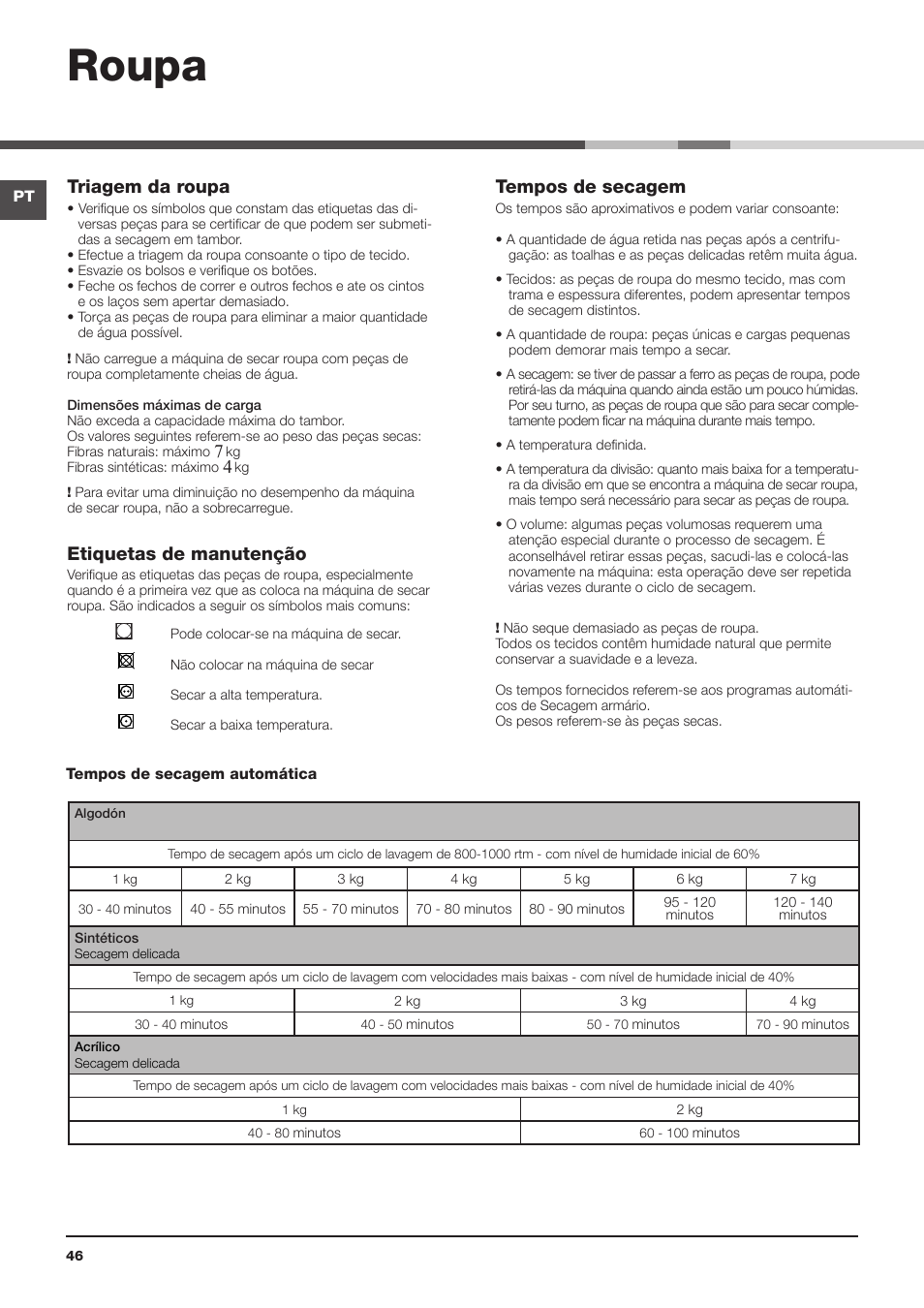 Roupa, Triagem da roupa, Etiquetas de manutenção | Tempos de secagem | Indesit IDCL-75-B-H-(EU) User Manual | Page 46 / 64