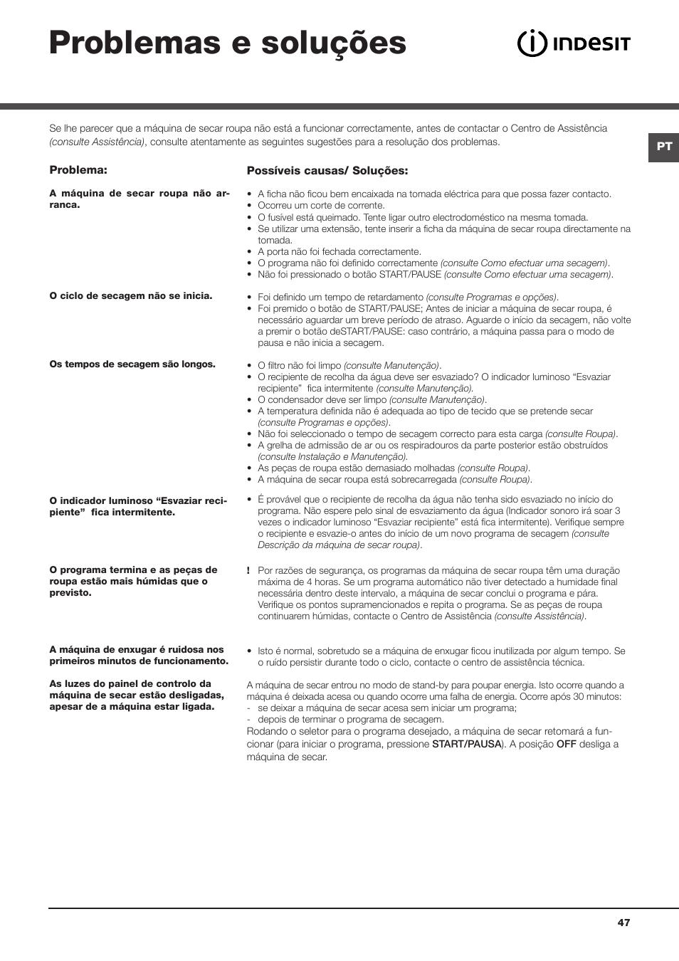 Roupa problemas e soluções, Triagem da roupa, Etiquetas de manutenção | Tempos de secagem | Indesit IDCL-75-B-H-(EU) User Manual | Page 47 / 64