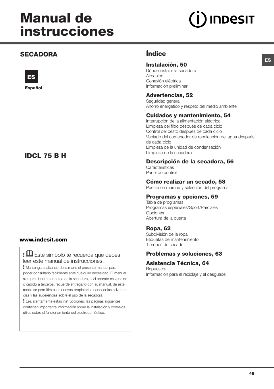 Manual de instrucciones, Secadora, Idcl 75 b h | Índice | Indesit IDCL-75-B-H-(EU) User Manual | Page 49 / 64