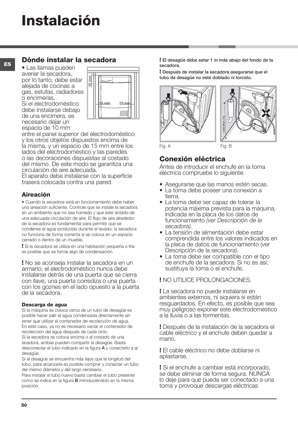Instalación, Dónde instalar la secadora, Conexión eléctrica | Indesit IDCL-75-B-H-(EU) User Manual | Page 50 / 64