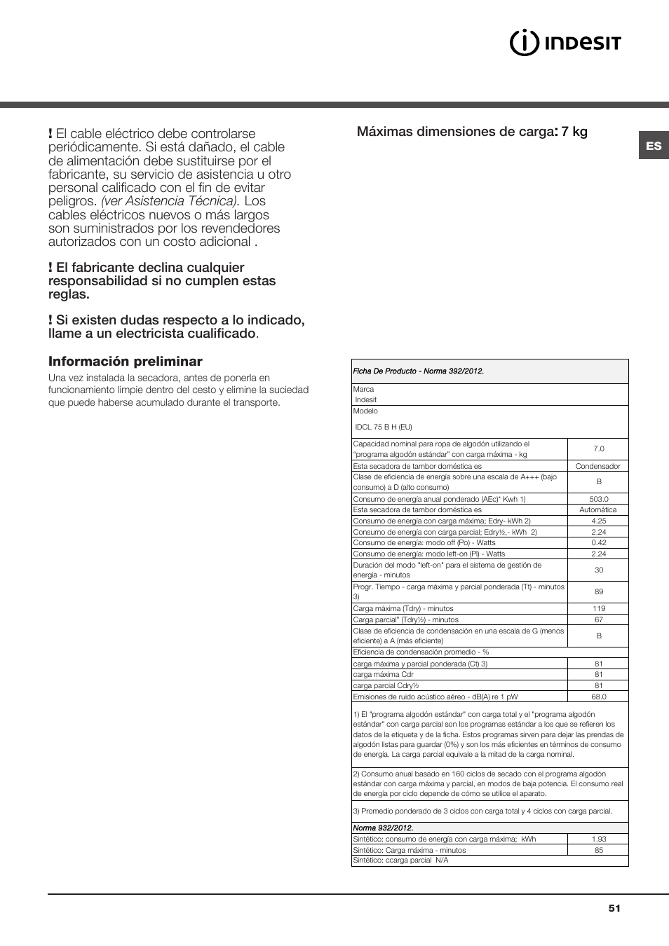 Instalación, Dónde instalar la secadora, Conexión eléctrica | Máximas dimensiones de carga, 7 kg | Indesit IDCL-75-B-H-(EU) User Manual | Page 51 / 64
