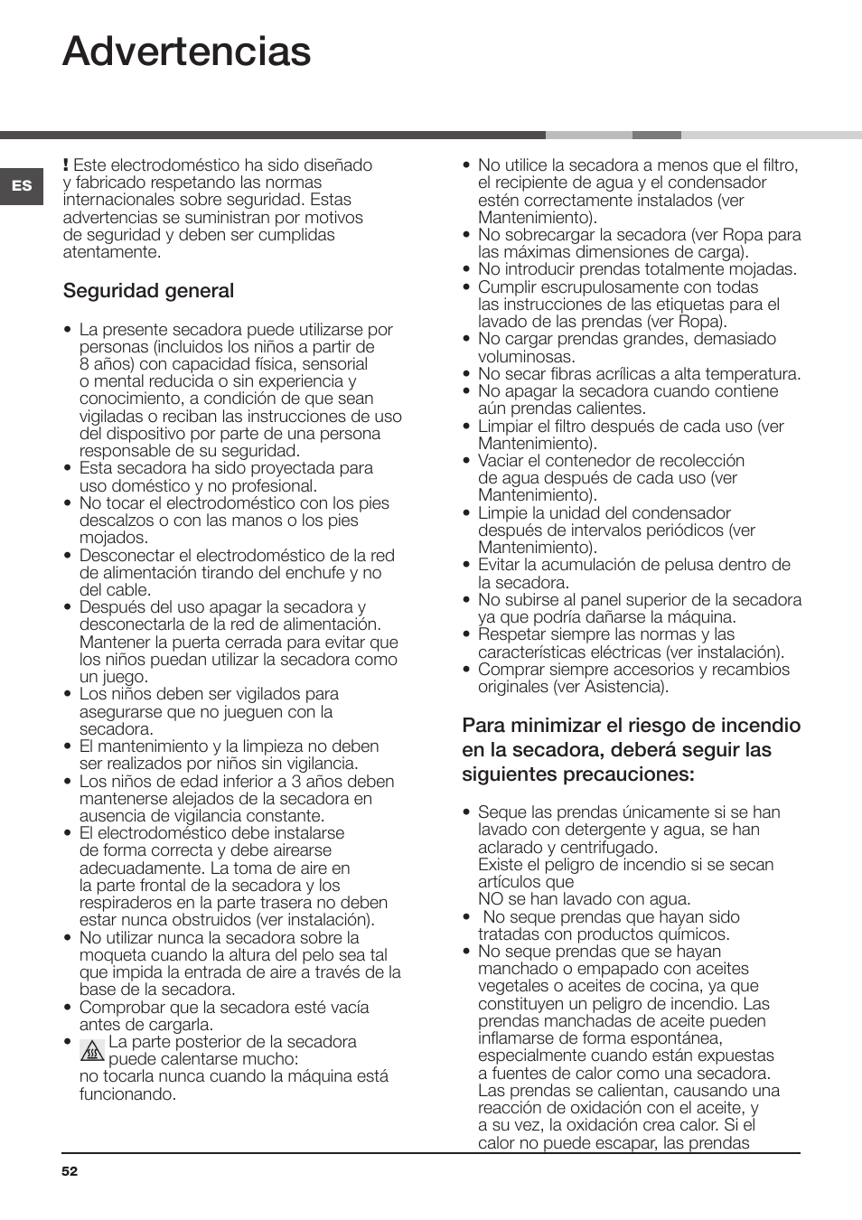 Advertencias | Indesit IDCL-75-B-H-(EU) User Manual | Page 52 / 64