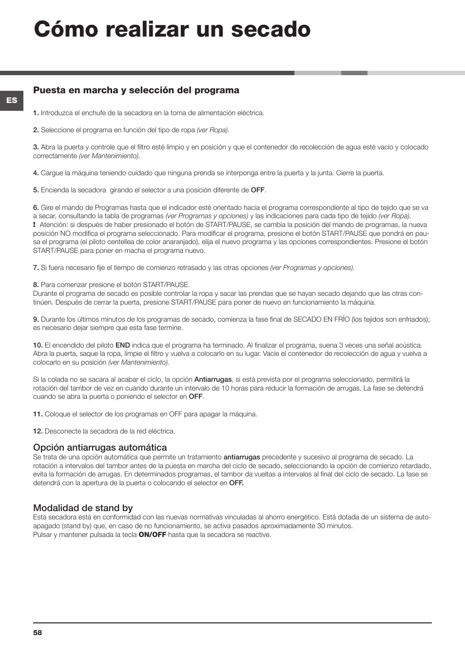 Cómo realizar un secado | Indesit IDCL-75-B-H-(EU) User Manual | Page 58 / 64