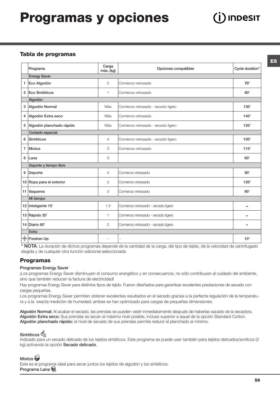 Programas y opciones, Tabla de programas, Programas | Indesit IDCL-75-B-H-(EU) User Manual | Page 59 / 64
