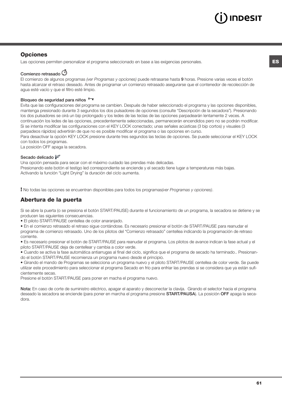 Opciones, Abertura de la puerta | Indesit IDCL-75-B-H-(EU) User Manual | Page 61 / 64