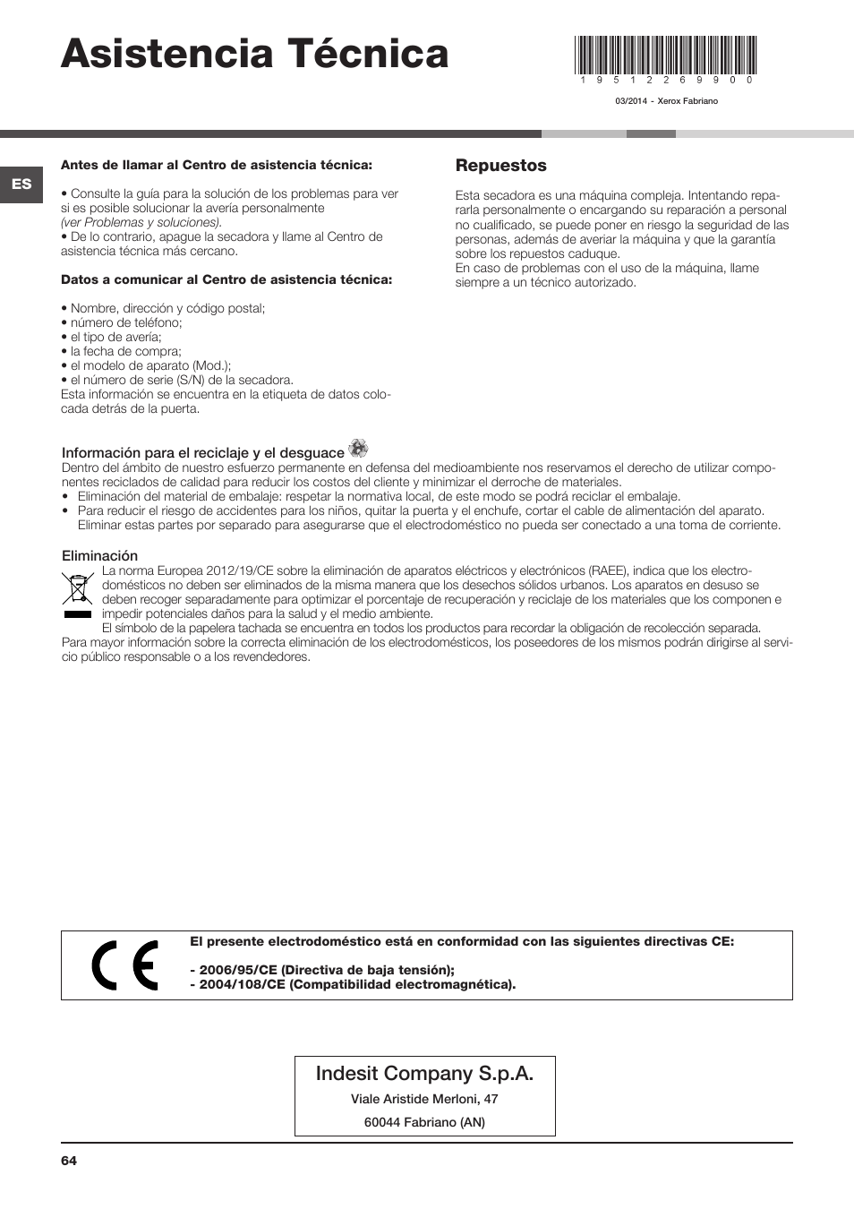 Asistencia técnica, Indesit company s.p.a, Repuestos | Indesit IDCL-75-B-H-(EU) User Manual | Page 64 / 64