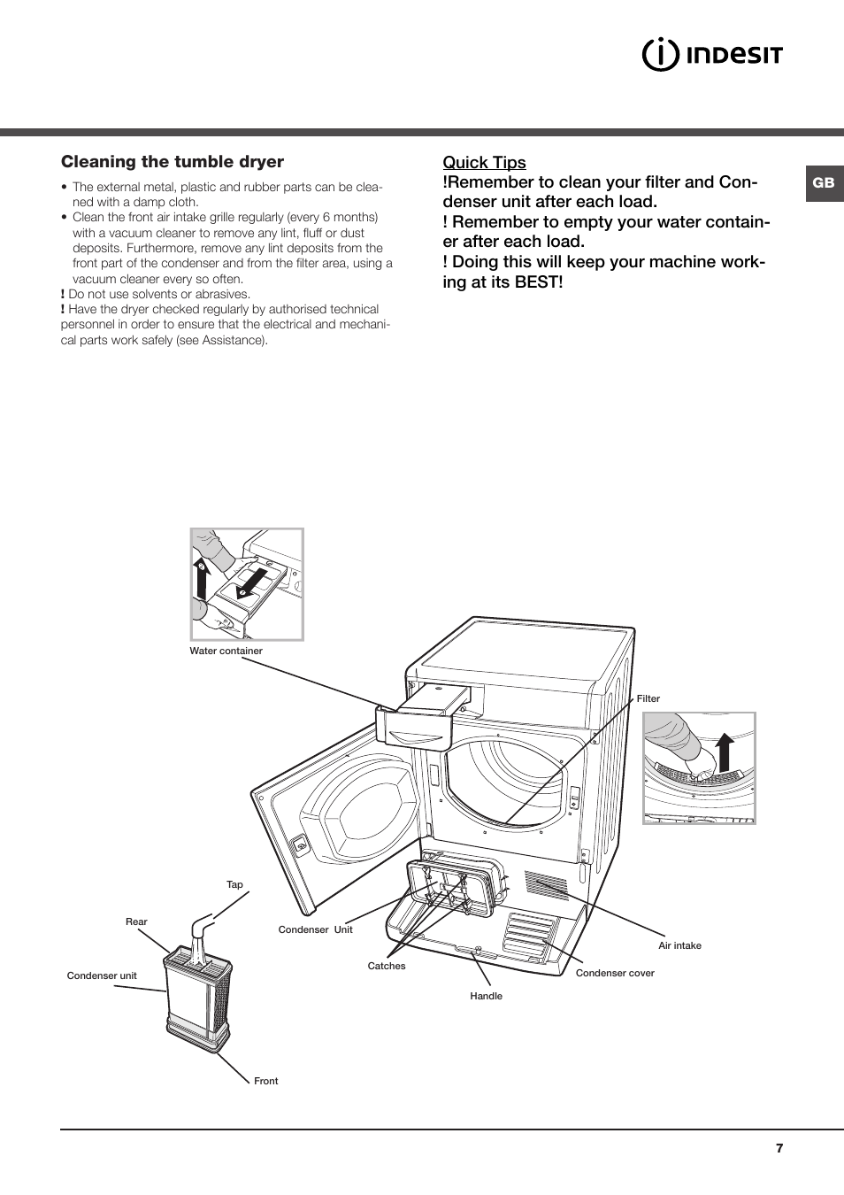 Care and maintenance, Disconnecting the power supply, Cleaning the filter after each cycle | Cleaning the condenser unit | Indesit IDCL-75-B-H-(EU) User Manual | Page 7 / 64