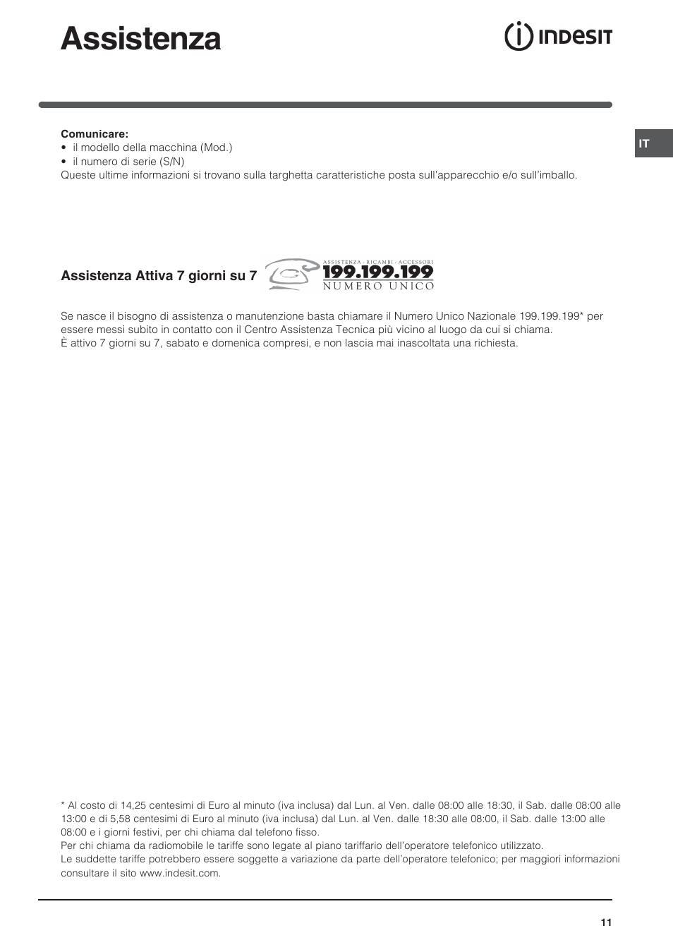 Assistenza | Indesit IFG-63-K.A-(BK) User Manual | Page 11 / 52