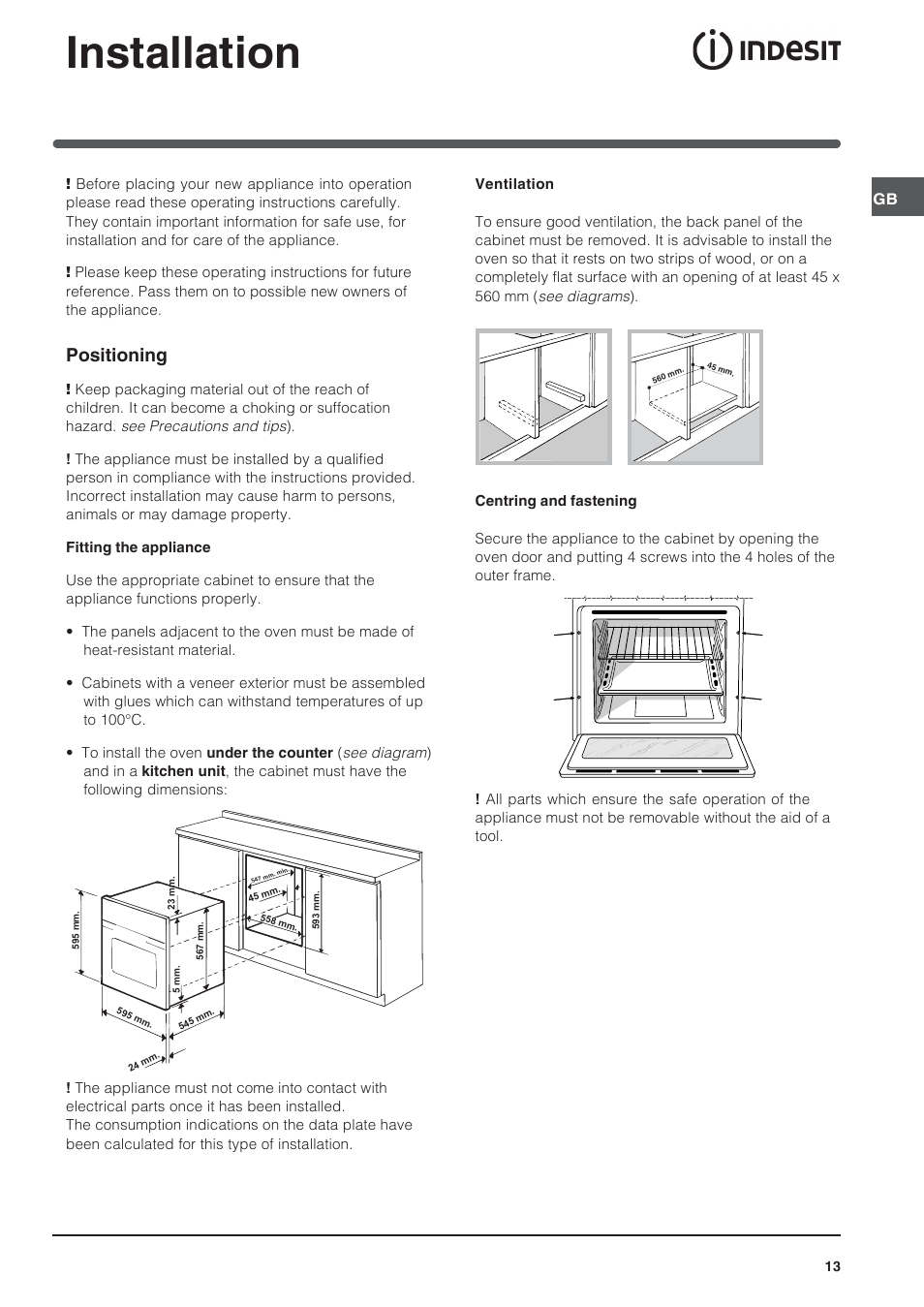 Installation, Positioning | Indesit IFG-63-K.A-(BK) User Manual | Page 13 / 52