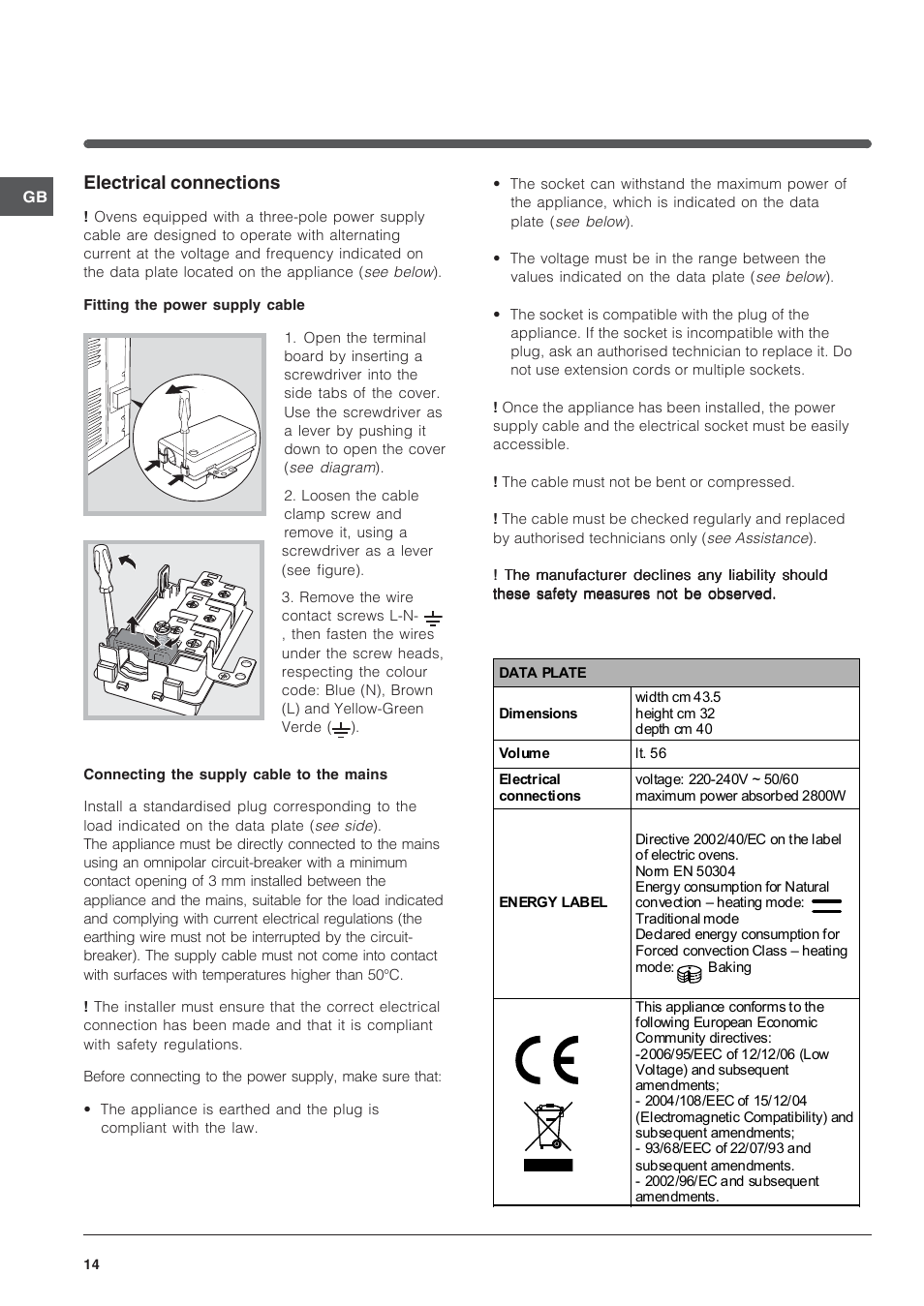 Electrical connections | Indesit IFG-63-K.A-(BK) User Manual | Page 14 / 52
