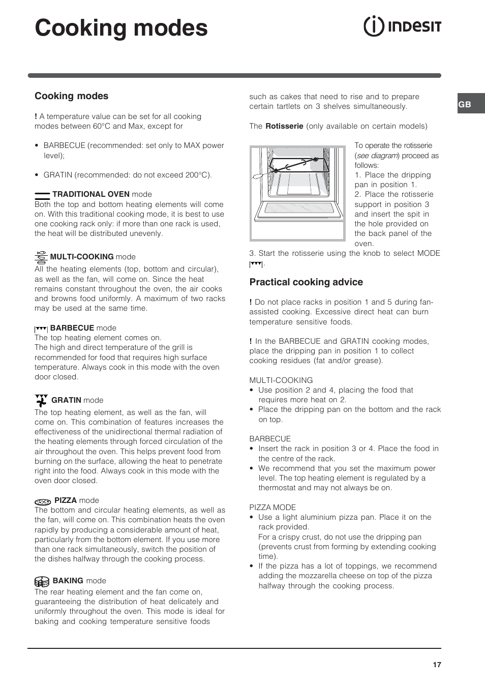 Cooking modes | Indesit IFG-63-K.A-(BK) User Manual | Page 17 / 52