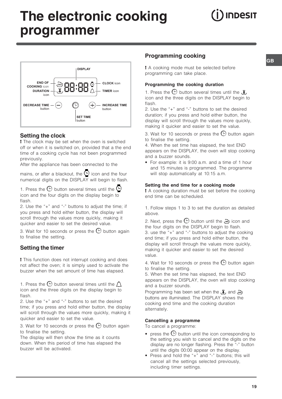 The electronic cooking programmer | Indesit IFG-63-K.A-(BK) User Manual | Page 19 / 52