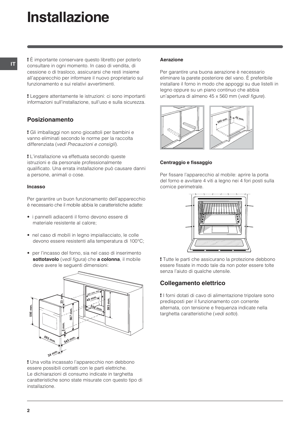 Installazione, Posizionamento, Collegamento elettrico | Indesit IFG-63-K.A-(BK) User Manual | Page 2 / 52