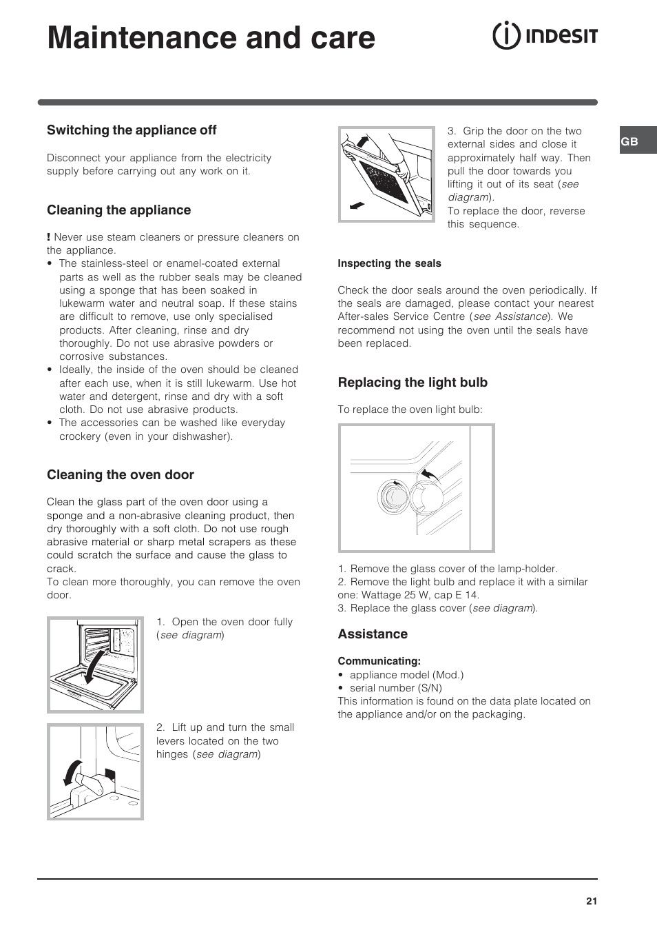 Maintenance and care | Indesit IFG-63-K.A-(BK) User Manual | Page 21 / 52