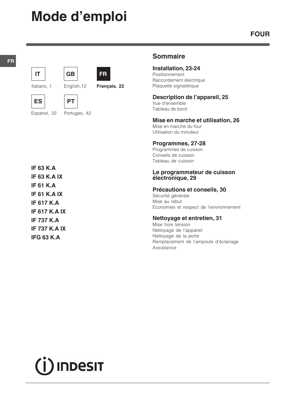 Mode d’emploi, Sommaire, Four | Indesit IFG-63-K.A-(BK) User Manual | Page 22 / 52