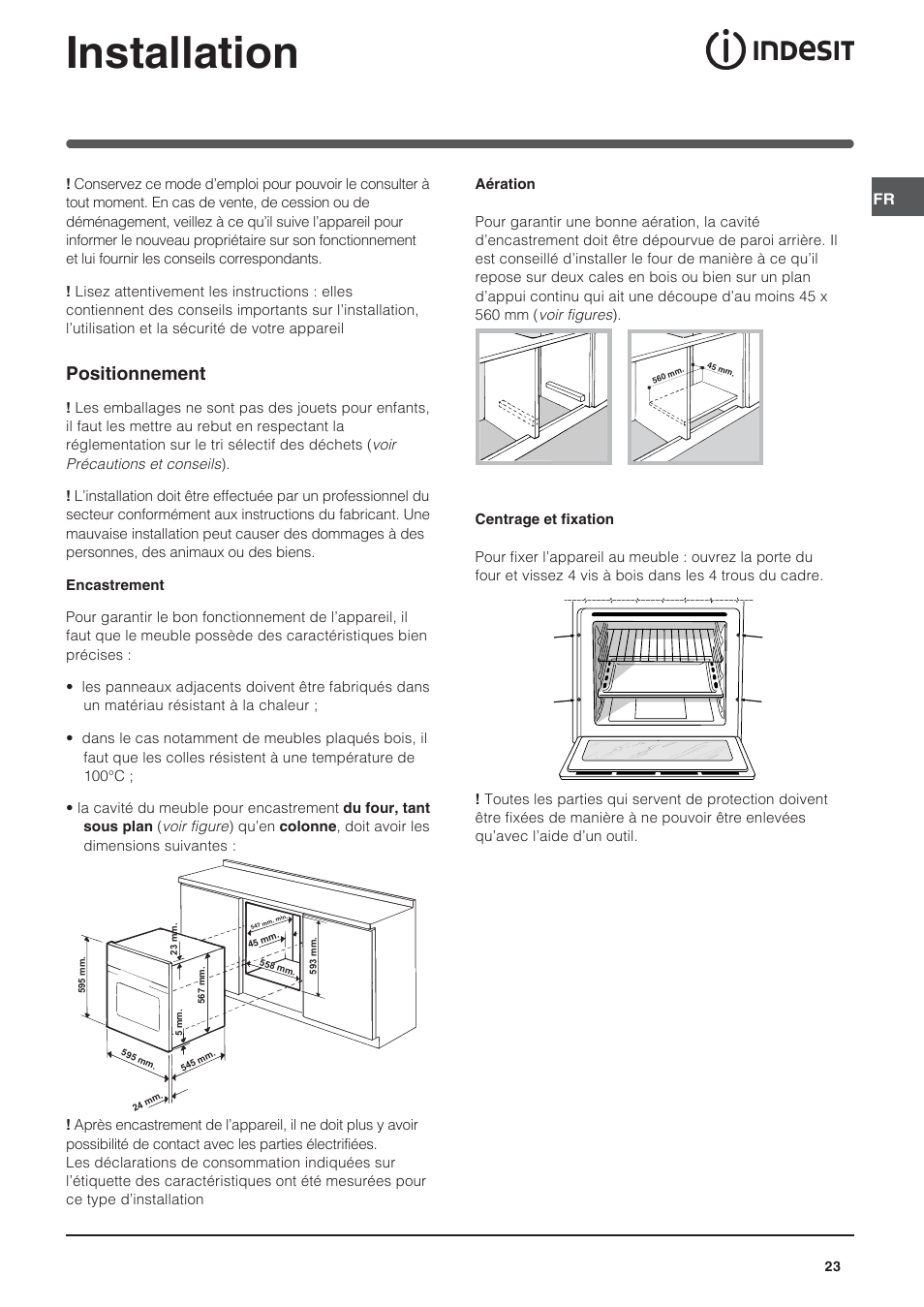 Installation, Positionnement | Indesit IFG-63-K.A-(BK) User Manual | Page 23 / 52