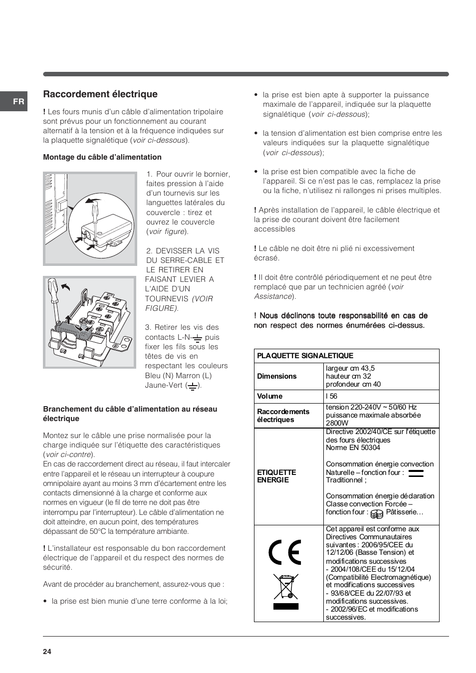Raccordement électrique | Indesit IFG-63-K.A-(BK) User Manual | Page 24 / 52