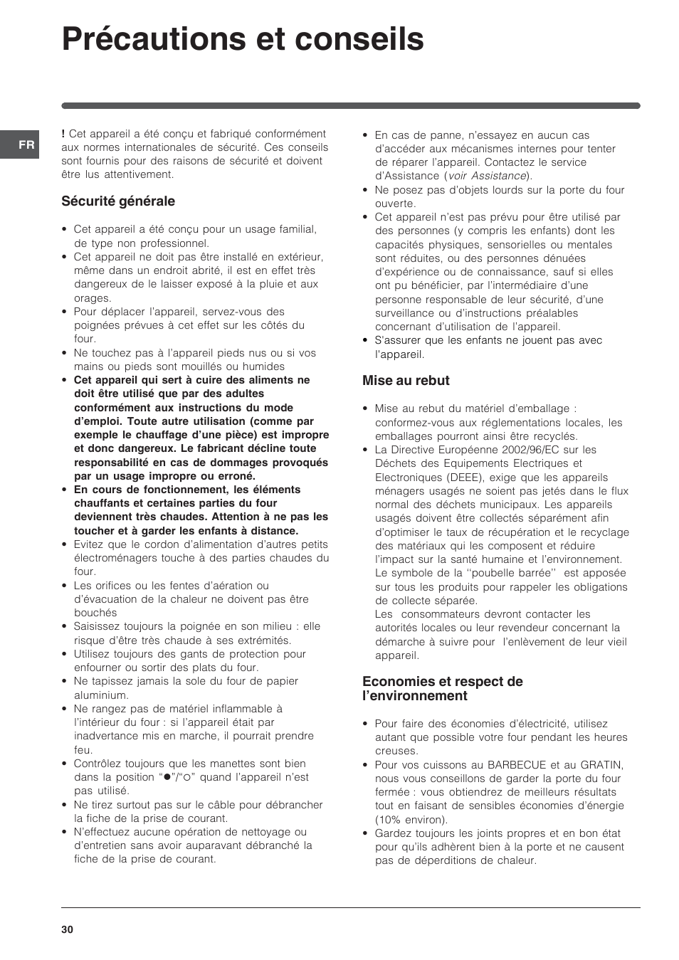 Précautions et conseils | Indesit IFG-63-K.A-(BK) User Manual | Page 30 / 52