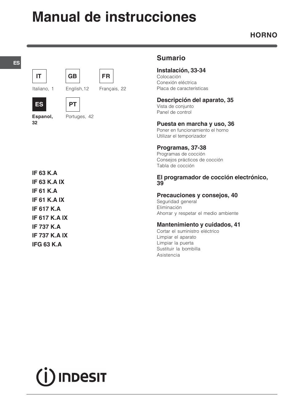 Manual de instrucciones, Sumario, Horno | Indesit IFG-63-K.A-(BK) User Manual | Page 32 / 52