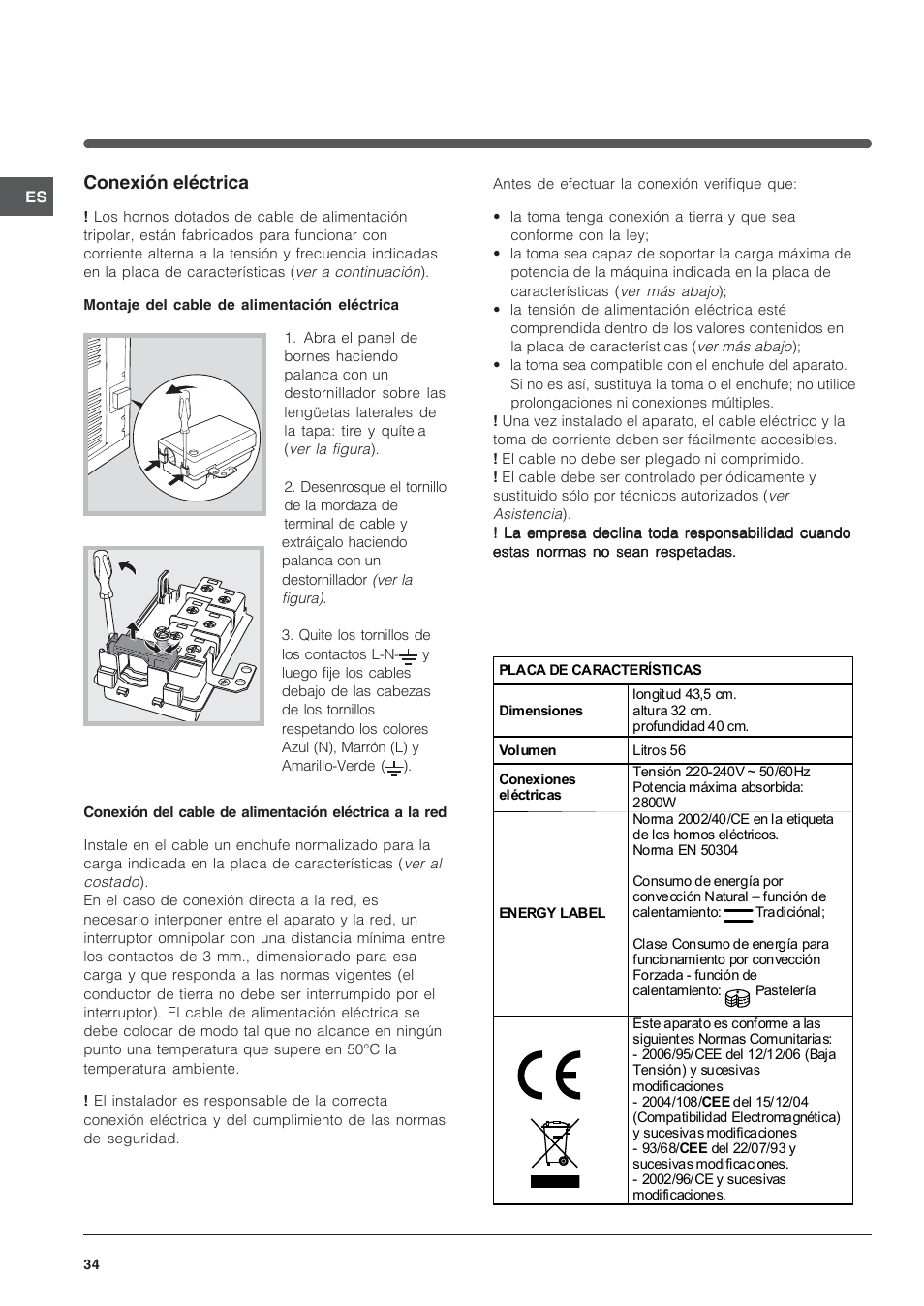 Conexión eléctrica | Indesit IFG-63-K.A-(BK) User Manual | Page 34 / 52