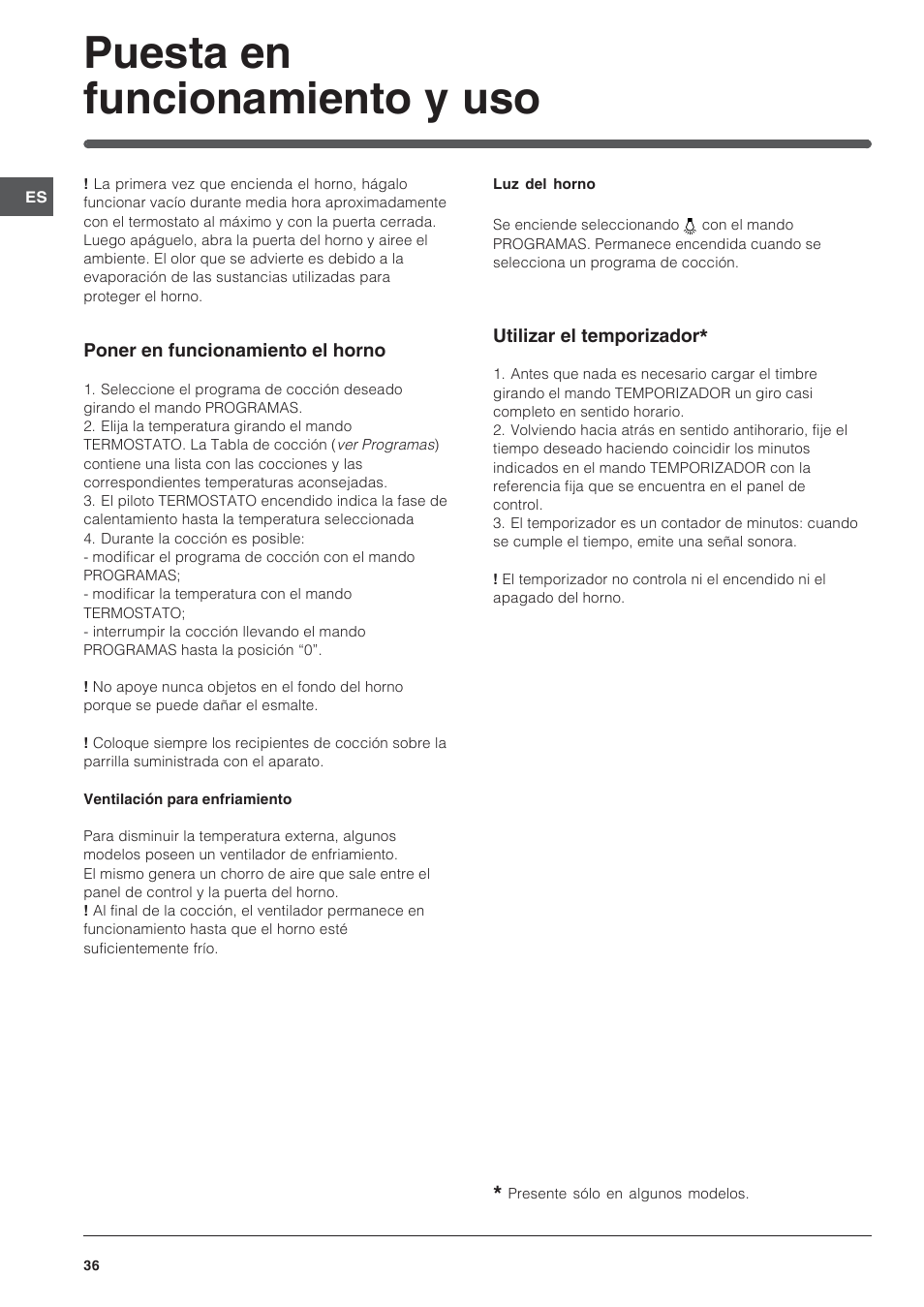 Puesta en funcionamiento y uso | Indesit IFG-63-K.A-(BK) User Manual | Page 36 / 52
