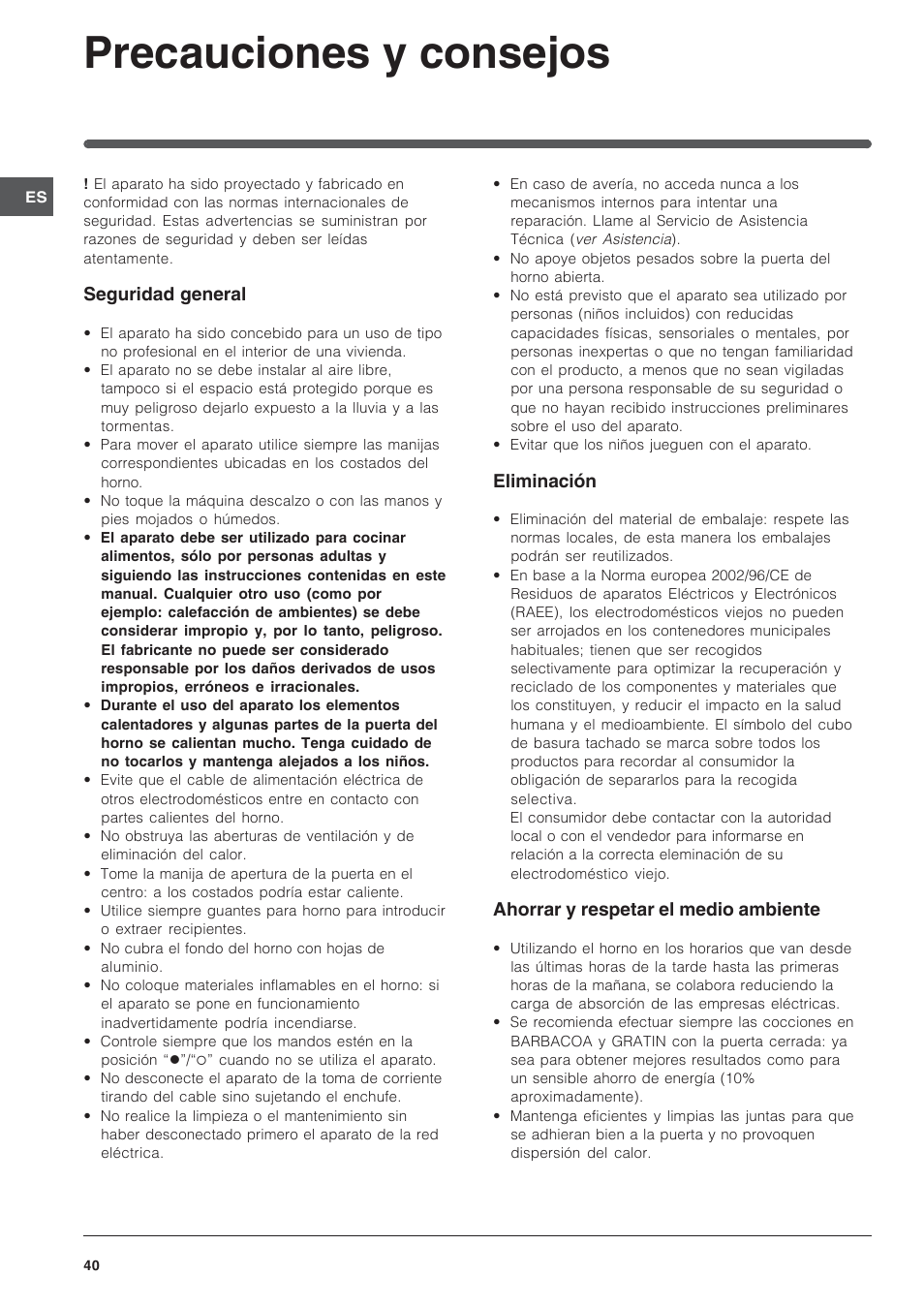 Precauciones y consejos | Indesit IFG-63-K.A-(BK) User Manual | Page 40 / 52