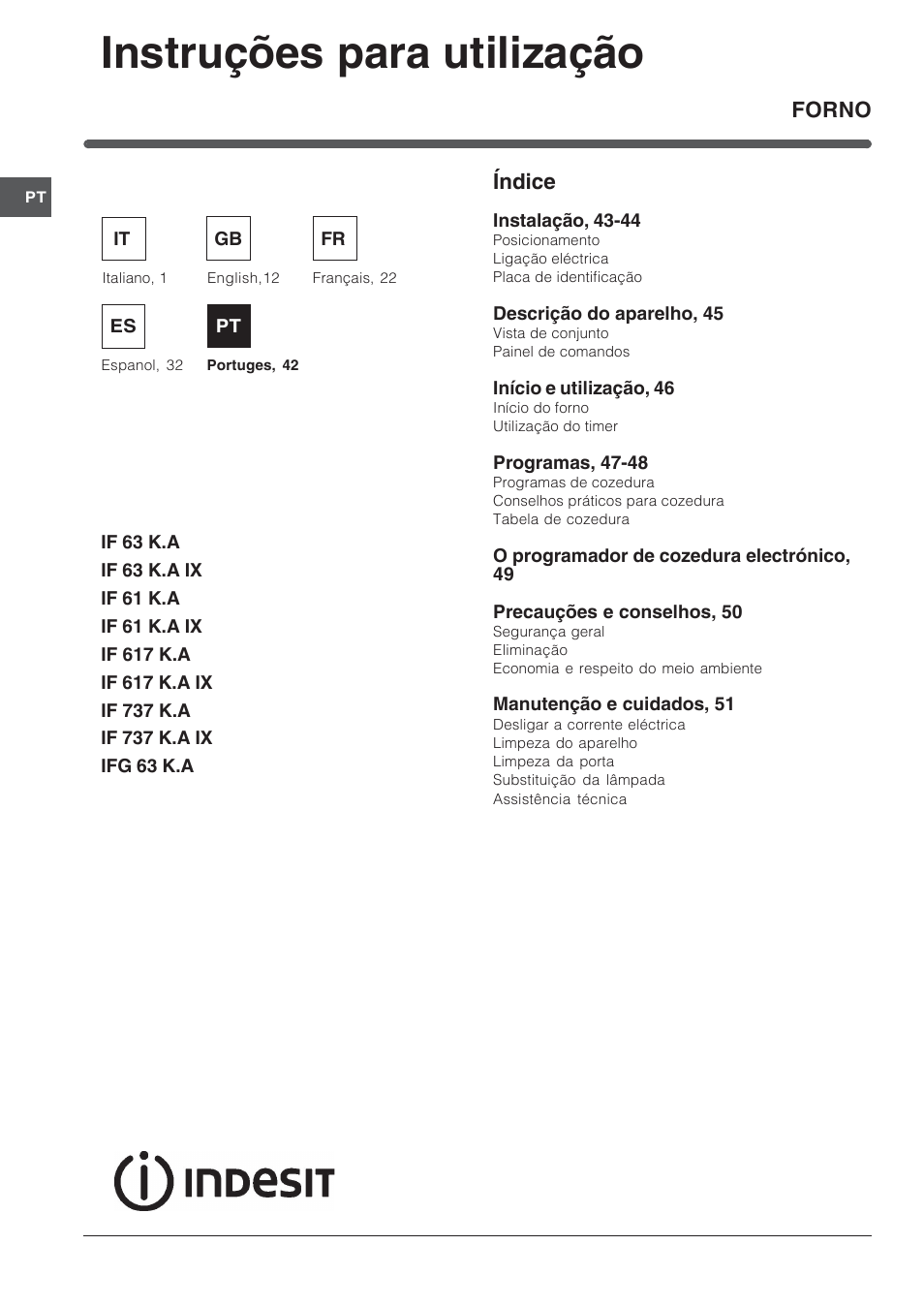 Instruções para utilização, Índice, Forno | Indesit IFG-63-K.A-(BK) User Manual | Page 42 / 52