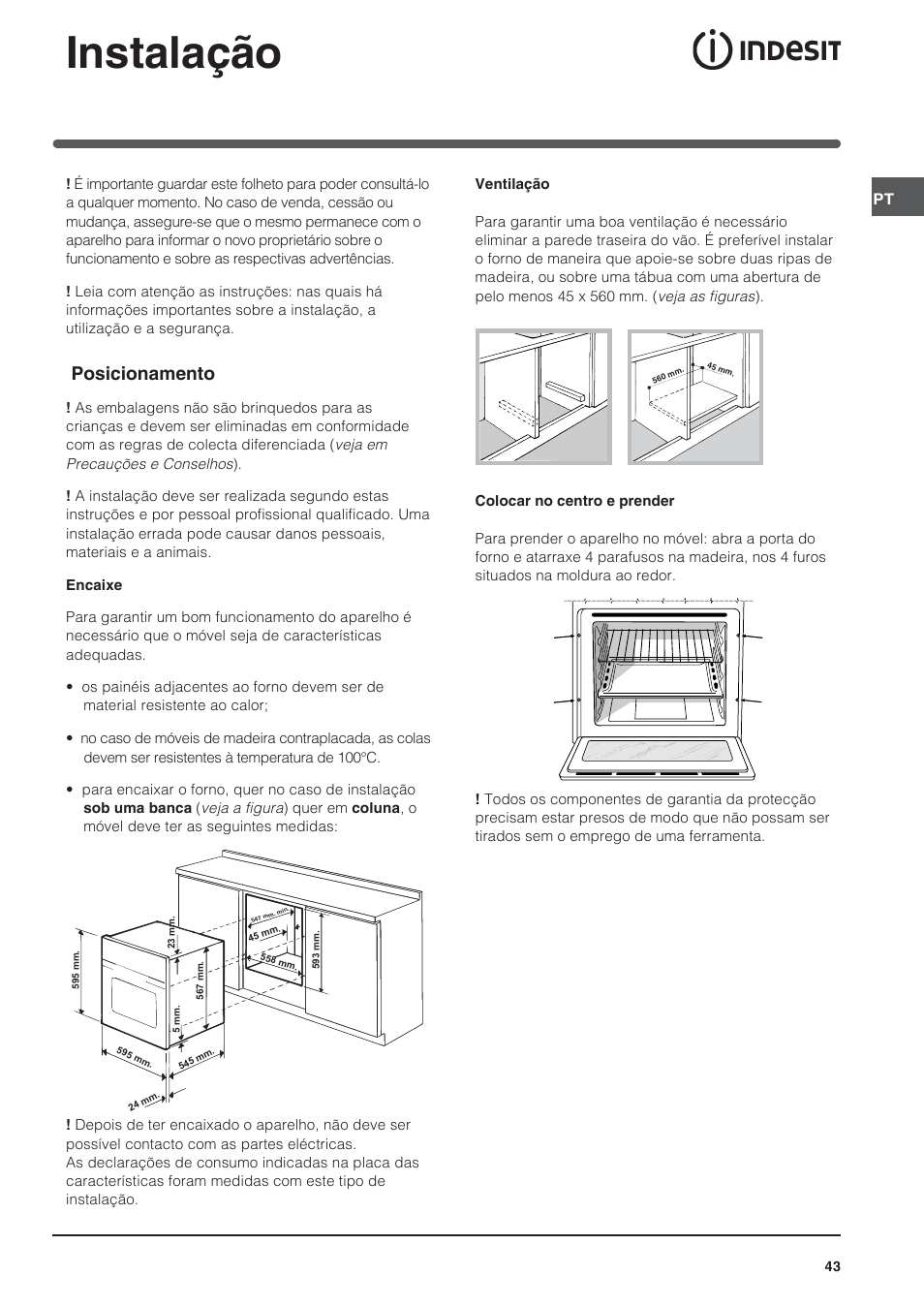Instalação, Posicionamento | Indesit IFG-63-K.A-(BK) User Manual | Page 43 / 52