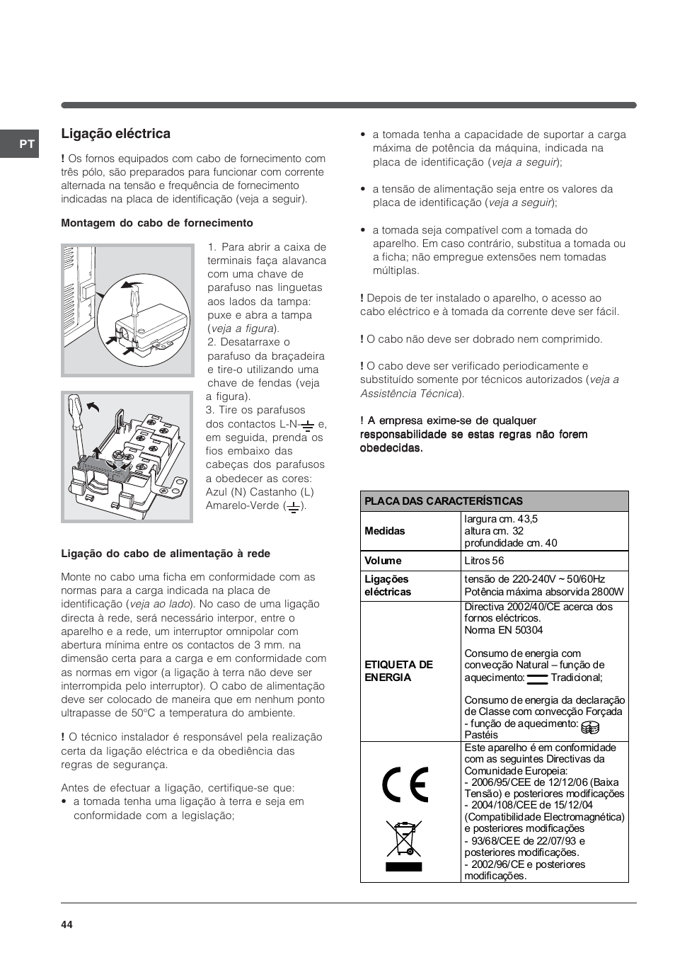 Ligação eléctrica | Indesit IFG-63-K.A-(BK) User Manual | Page 44 / 52