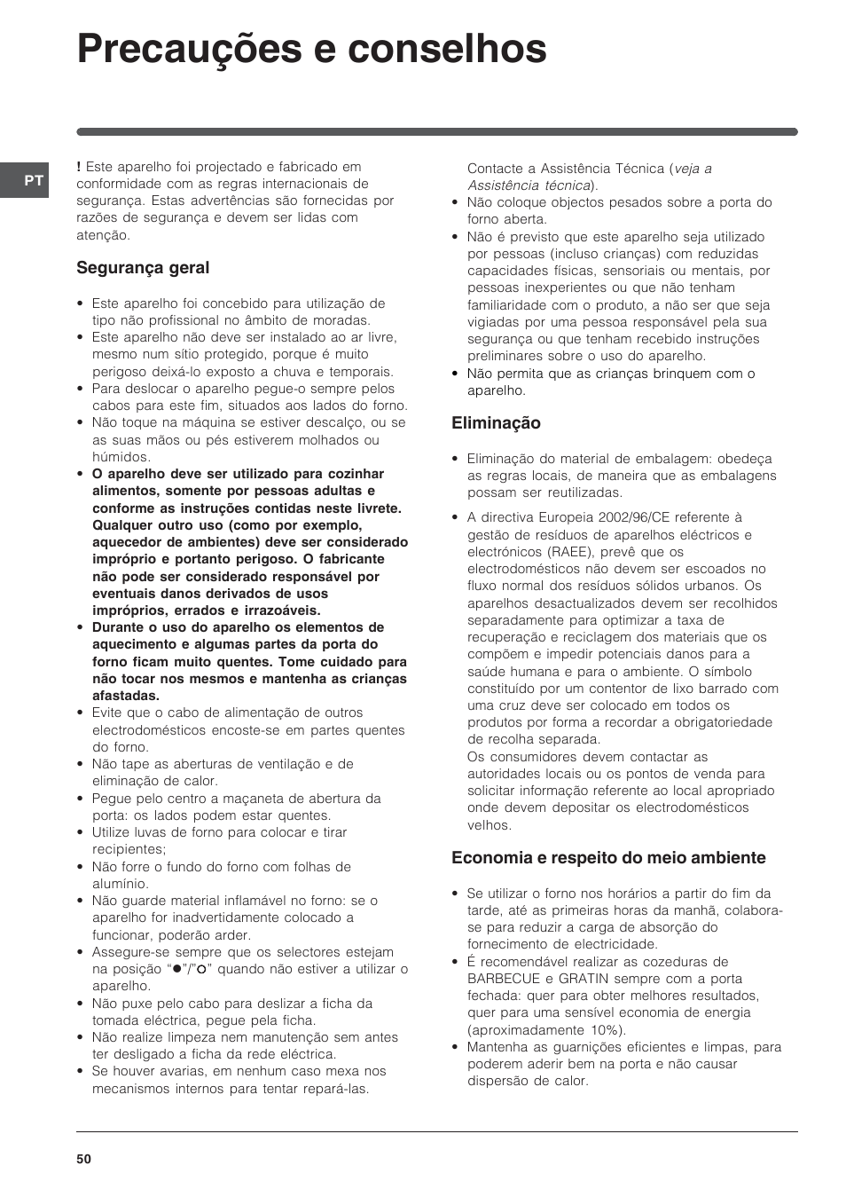 Precauções e conselhos, Segurança geral, Eliminação | Economia e respeito do meio ambiente | Indesit IFG-63-K.A-(BK) User Manual | Page 50 / 52