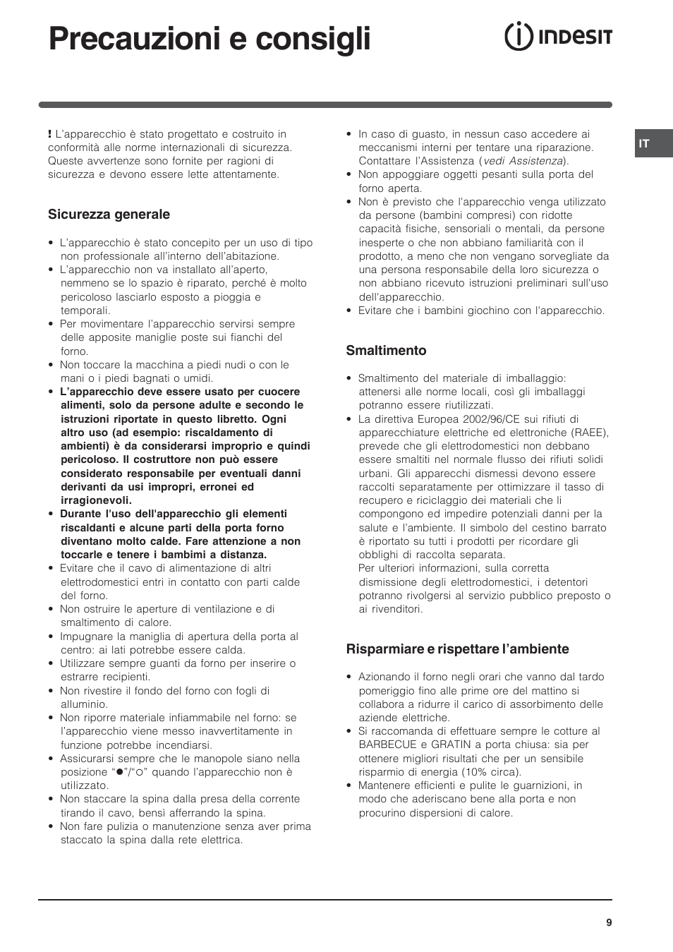 Precauzioni e consigli | Indesit IFG-63-K.A-(BK) User Manual | Page 9 / 52