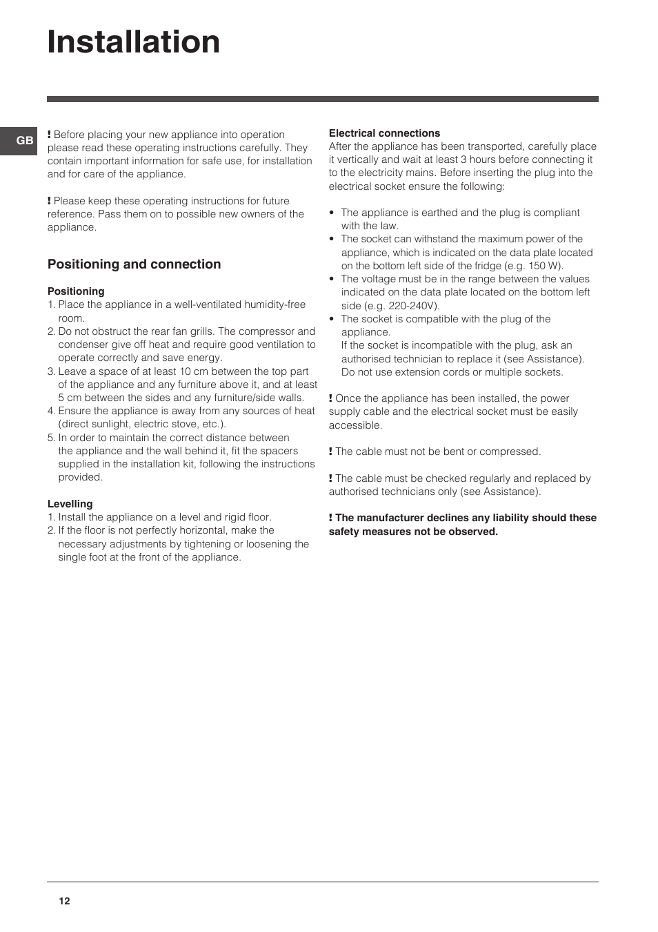 Installation | Indesit CAA 55 NX User Manual | Page 12 / 92