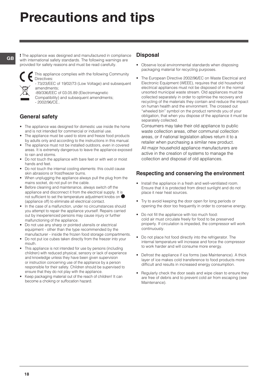 Precautions and tips, General safety, Disposal | Respecting and conserving the environment | Indesit CAA 55 NX User Manual | Page 18 / 92