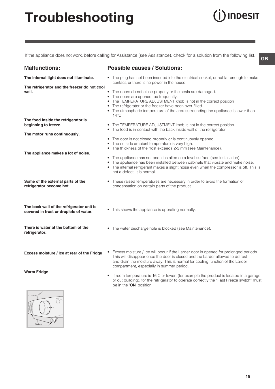 Troubleshooting, Malfunctions, Possible causes / solutions | Indesit CAA 55 NX User Manual | Page 19 / 92