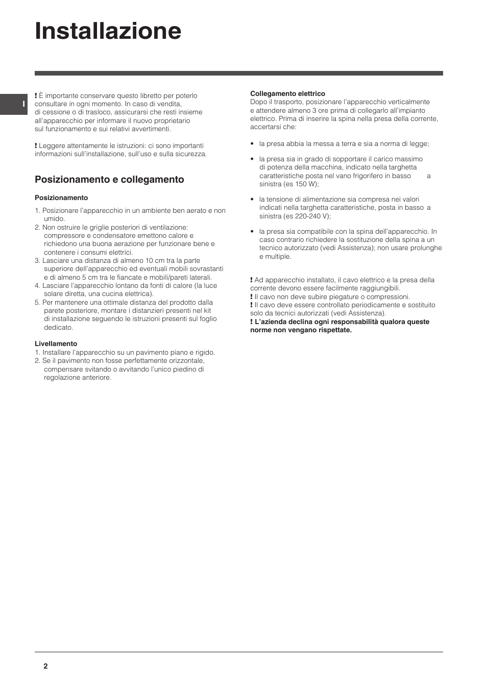 Installazione, Posizionamento e collegamento | Indesit CAA 55 NX User Manual | Page 2 / 92