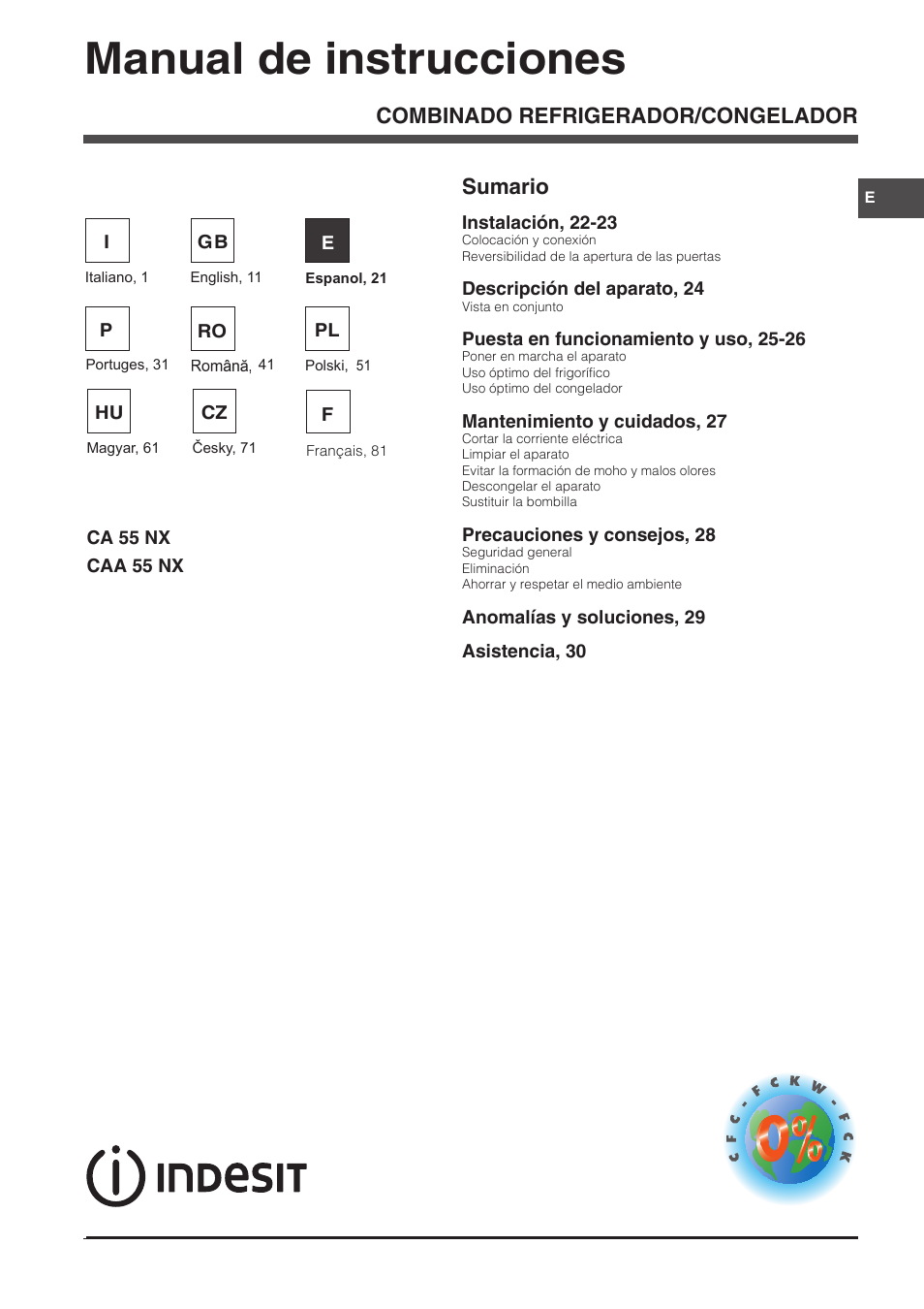 Manual de instrucciones, Combinado refrigerador/congelador sumario | Indesit CAA 55 NX User Manual | Page 21 / 92