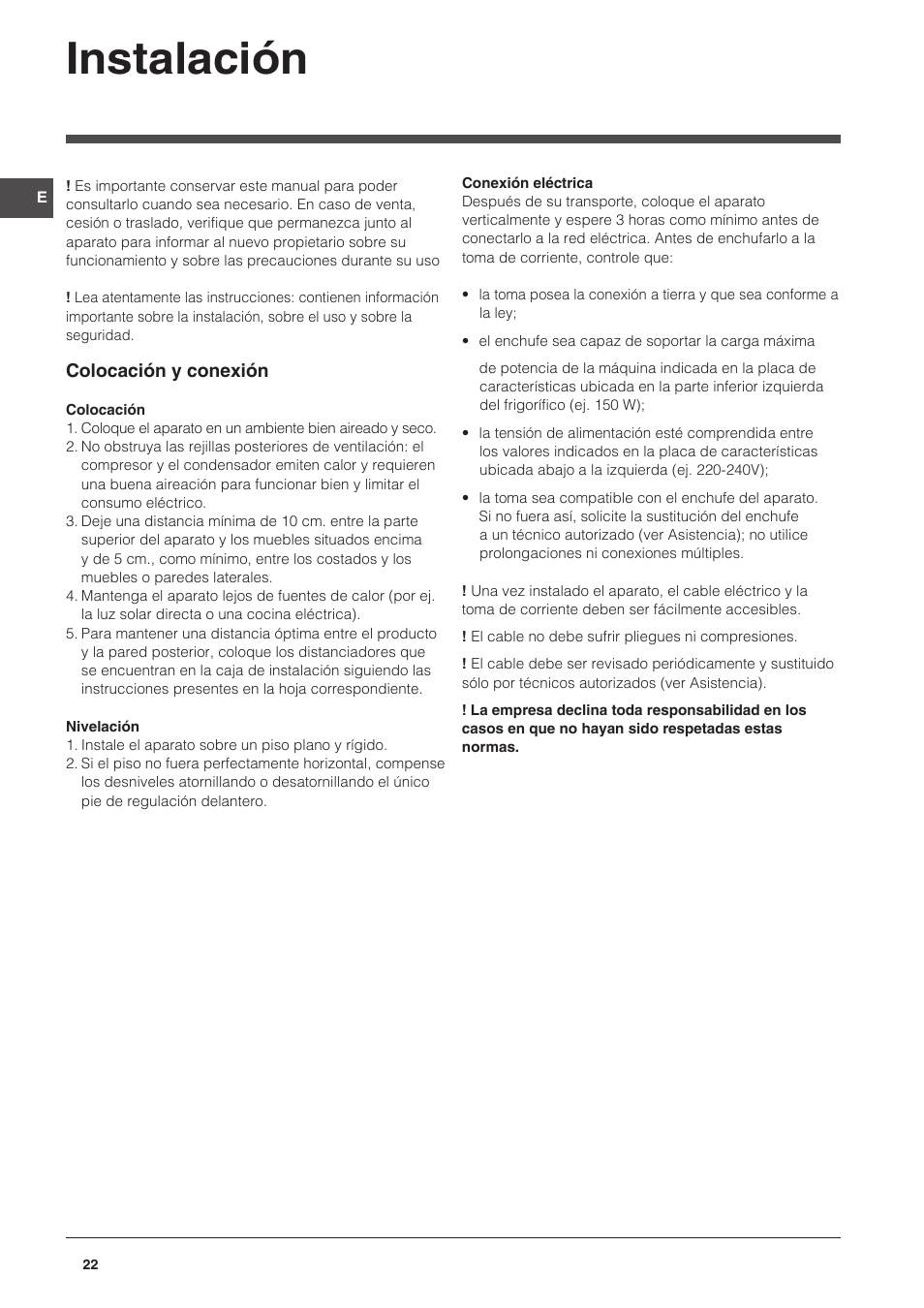 Instalación | Indesit CAA 55 NX User Manual | Page 22 / 92