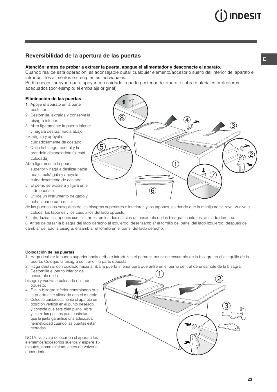 Reversibilidad de la apertura de las puertas | Indesit CAA 55 NX User Manual | Page 23 / 92