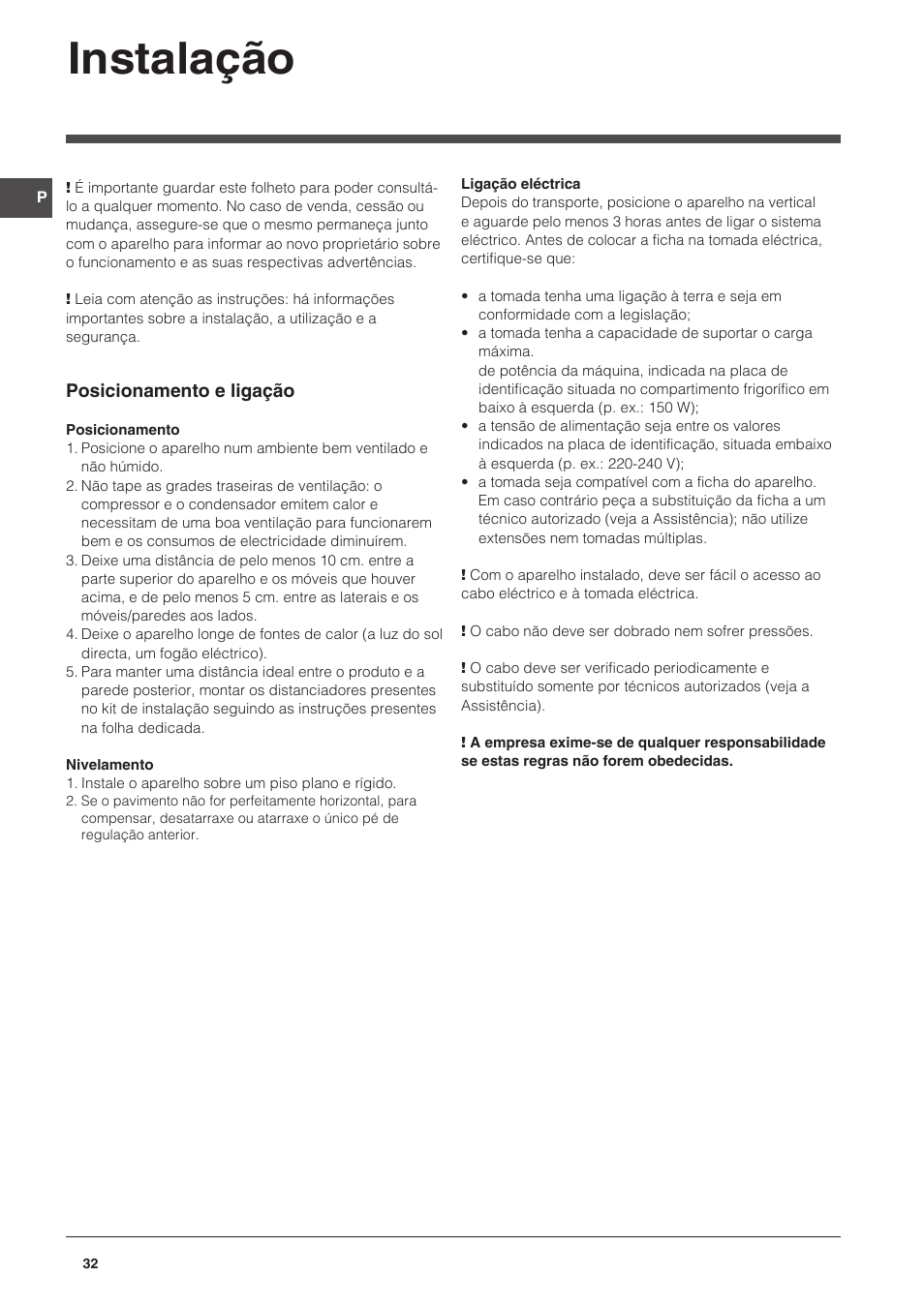 Instalação | Indesit CAA 55 NX User Manual | Page 32 / 92