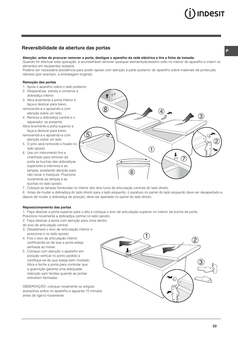 Reversibilidade da abertura das portas | Indesit CAA 55 NX User Manual | Page 33 / 92