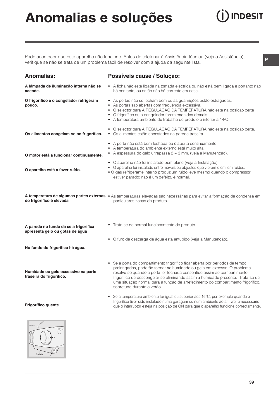 Anomalias e soluções, Anomalias, Possíveis cause / solução | Indesit CAA 55 NX User Manual | Page 39 / 92