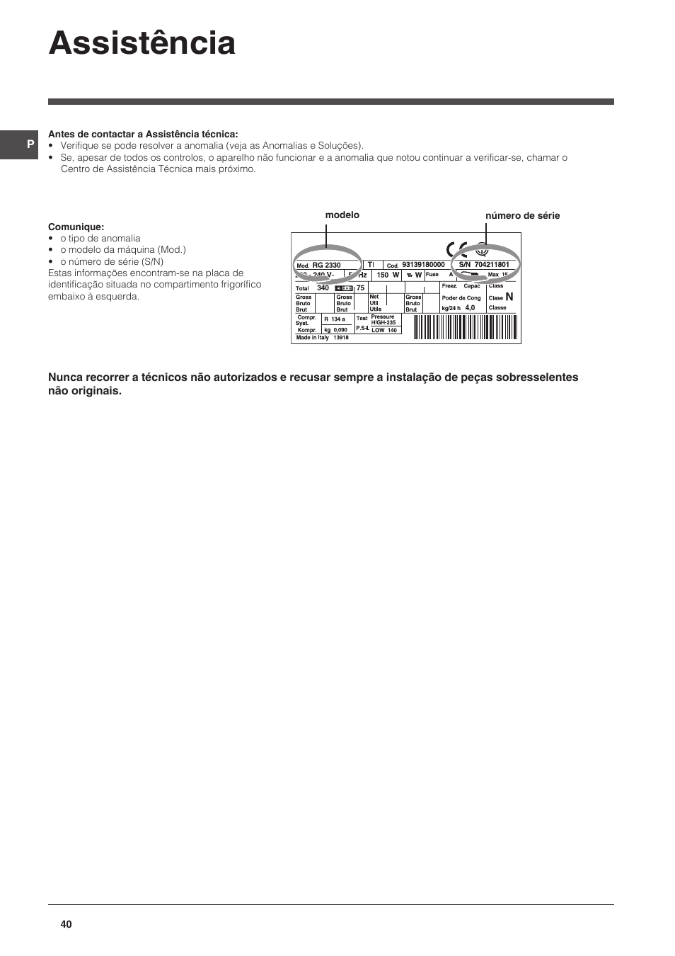 Assistência | Indesit CAA 55 NX User Manual | Page 40 / 92