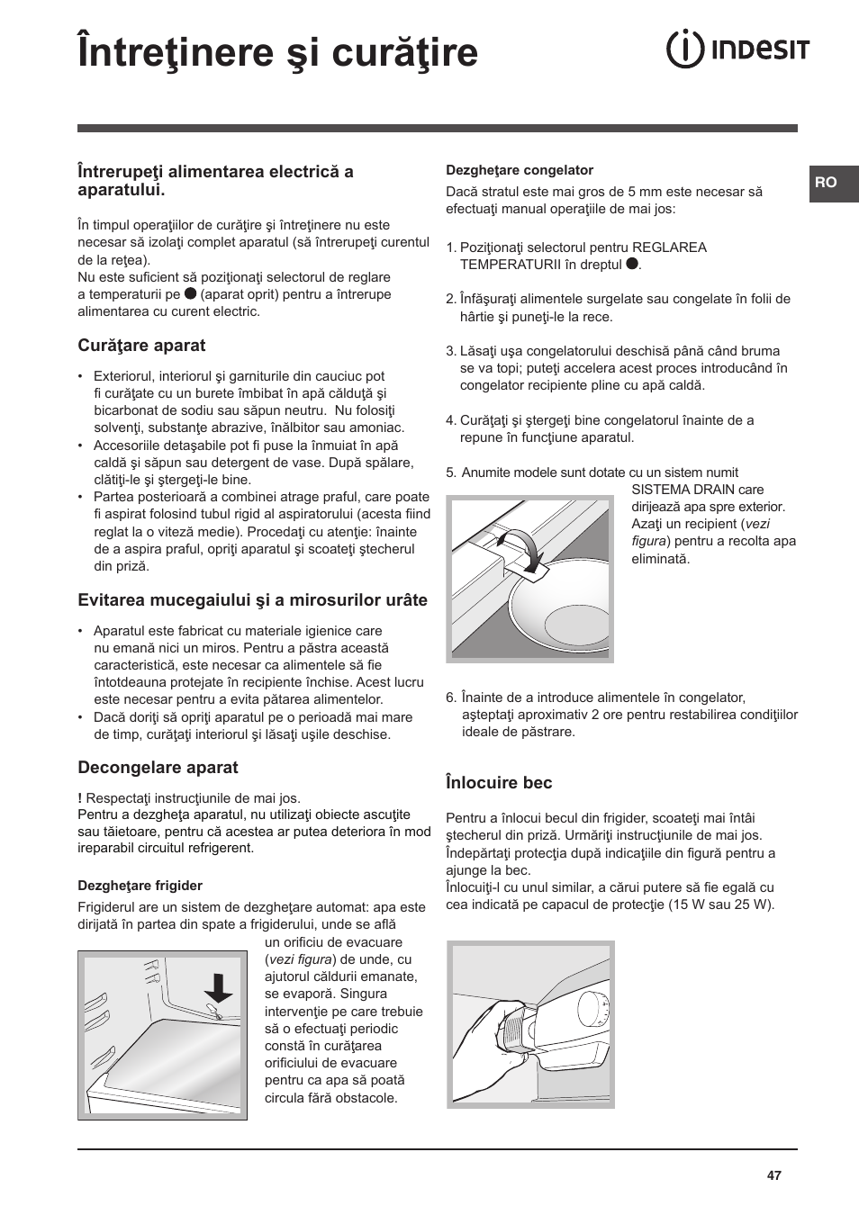 Întreţinere şi curăţire | Indesit CAA 55 NX User Manual | Page 47 / 92